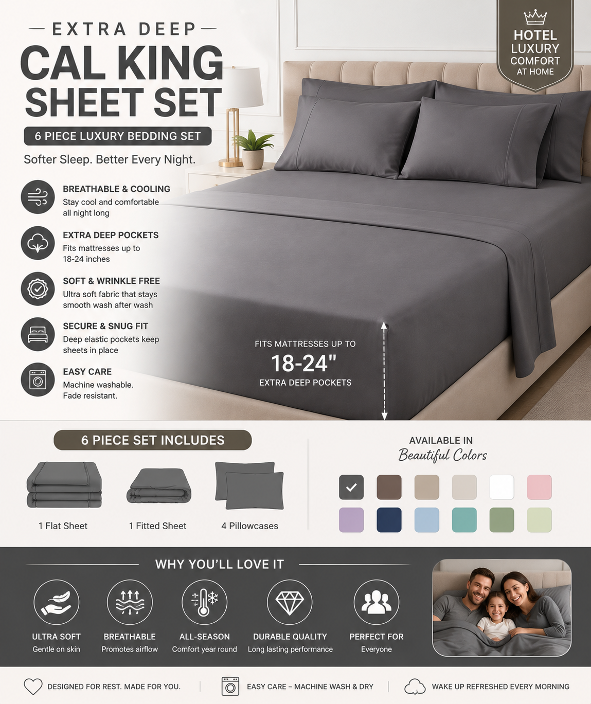 extra deep cal king sheet set 6 piece breathable and cooling sheets hotel luxury bedding for women, men, kids & teens easy & secure fit soft, wrinkle free and comfy extra deep pockets grey extra deep cal king sheet set 6 piece breathable and cooling sheets hotel luxury bedding for women, men, kids & teens easy & secure fit soft, wrinkle free and comfy extra deep pockets grey