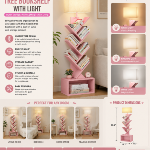 6 tier tree bookshelf with light, narrow bookcase tower, tall floor standing book shelf organizer with storage cabinet for living room, bedroom and home office, pink