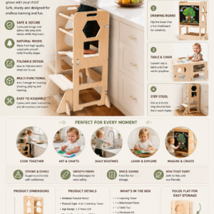 woodure 4 in 1 toddler kitchen step stool, foldable learning standing tower with blackboard, wooden kitchen stool helper for kids, 1 3 year old boy girl gifts