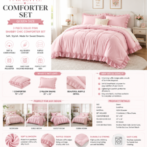 pink comforter set queen size, 3 pieces solid pink ruffle shabby chic comforter set for queen bed, all season vintage rustic soft polyester bedding set for women girls