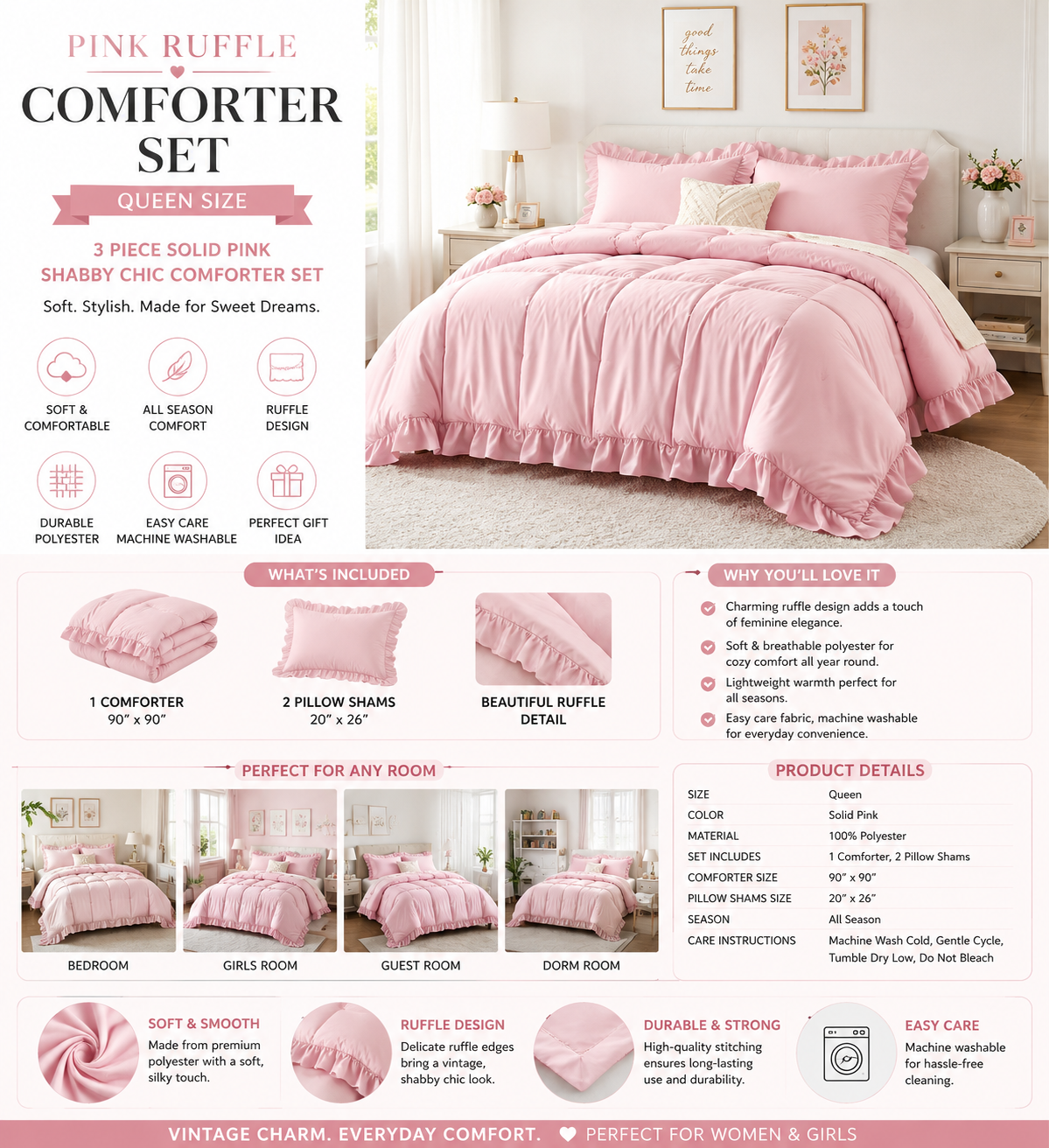 pink comforter set queen size, 3 pieces solid pink ruffle shabby chic comforter set for queen bed, all season vintage rustic soft polyester bedding set for women girls pink comforter set queen size, 3 pieces solid pink ruffle shabby chic comforter set for queen bed, all season vintage rustic soft polyester bedding set for women girls