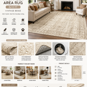 soalmost washable area rug 8x10, large soft rugs for living room vintage beige carpet 8x10 area rugs for bedroom dining room non slip stain resistant under table rug
