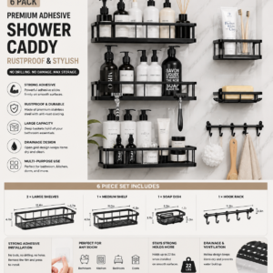 shower caddy adhesive, rustproof shower organizer with soap holder, large capacity shower shelves for inside shower, no drilling bathroom organizers and storage for home decor 6 pack black