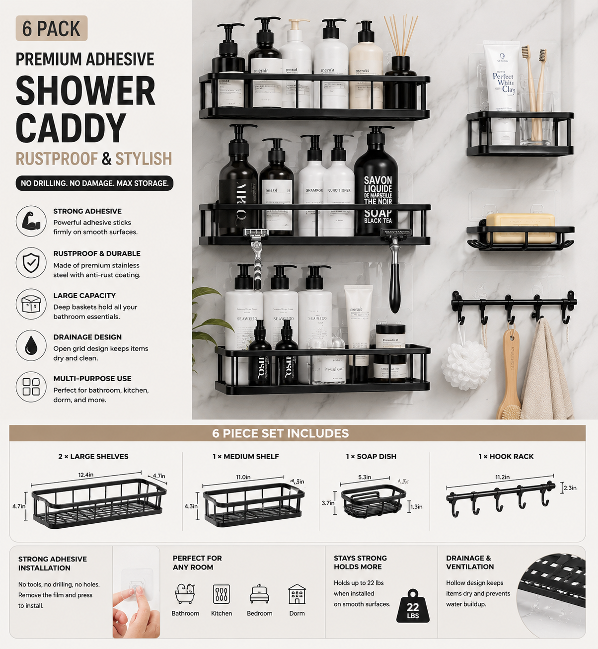 shower caddy adhesive, rustproof shower organizer with soap holder, large capacity shower shelves for inside shower, no drilling bathroom organizers and storage for home decor 6 pack black shower caddy adhesive, rustproof shower organizer with soap holder, large capacity shower shelves for inside shower, no drilling bathroom organizers and storage for home decor 6 pack black