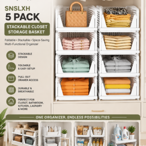 snslxh 5 pack stackable closet storage basket, multifunctional & foldable closet organizer for bathroom kitchen laundry room wardrobe storage, space saving clothes storage drawer organizer, white