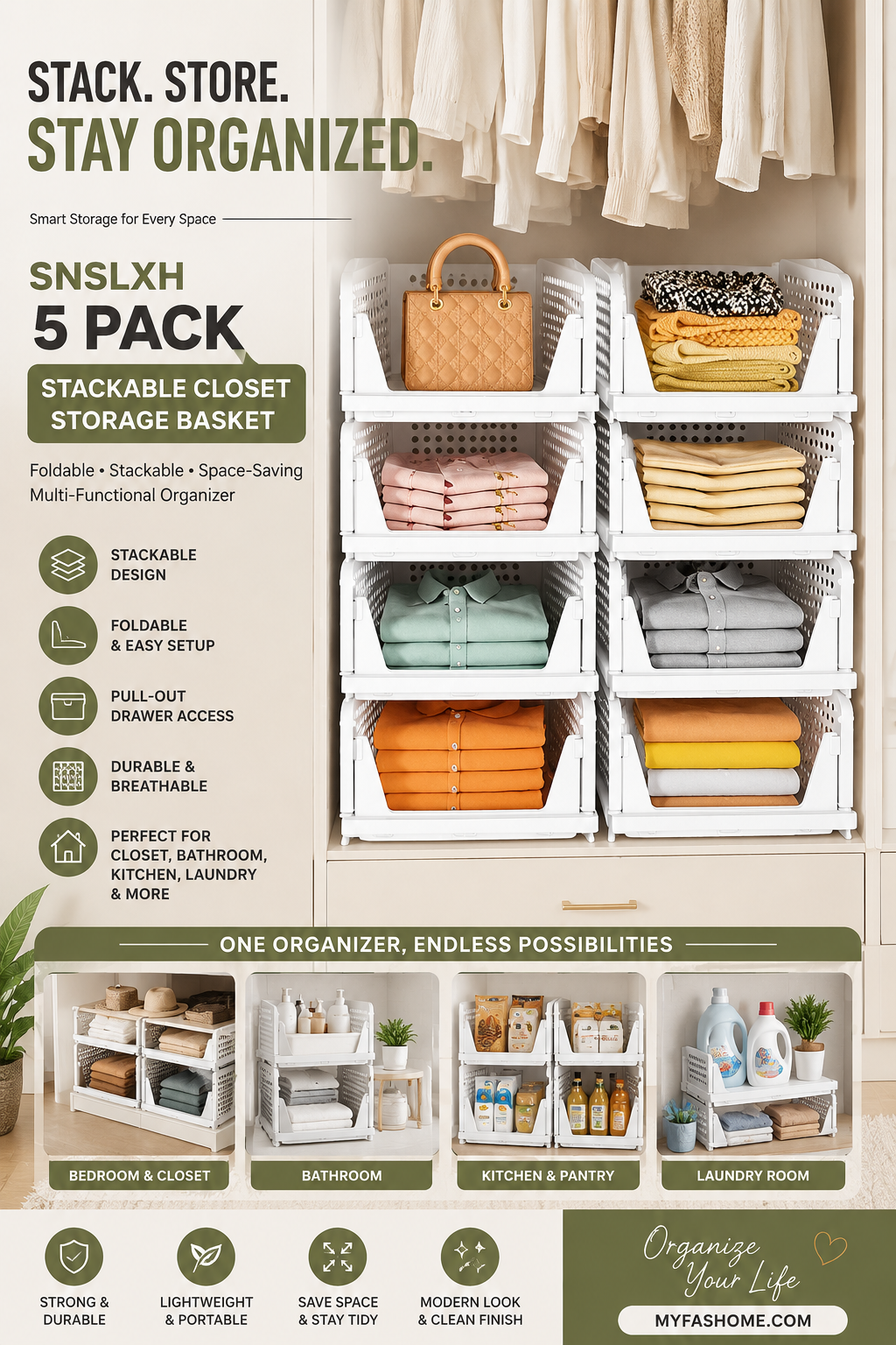 snslxh 5 pack stackable closet storage basket, multifunctional & foldable closet organizer for bathroom kitchen laundry room wardrobe storage, space saving clothes storage drawer organizer, white snslxh 5 pack stackable closet storage basket, multifunctional & foldable closet organizer for bathroom kitchen laundry room wardrobe storage, space saving clothes storage drawer organizer, white