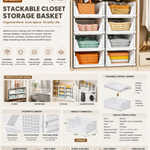 snslxh 5 pack stackable closet storage basket, multifunctional & foldable closet organizer for bathroom kitchen laundry room wardrobe storage, space saving clothes storage drawer organizer, white