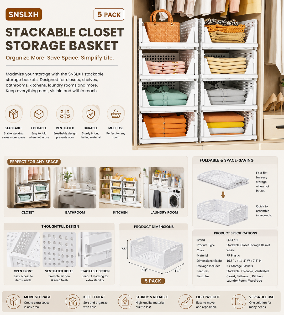 snslxh 5 pack stackable closet storage basket, multifunctional & foldable closet organizer for bathroom kitchen laundry room wardrobe storage, space saving clothes storage drawer organizer, white snslxh 5 pack stackable closet storage basket, multifunctional & foldable closet organizer for bathroom kitchen laundry room wardrobe storage, space saving clothes storage drawer organizer, white