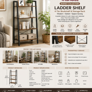 vasagle barnet collection ladder shelf, bookshelf, storage rack, modern bookcase for living room home office kitchen, steel frame, 4 tier, 22 inch wide, rustic brown and ink black ulls44x