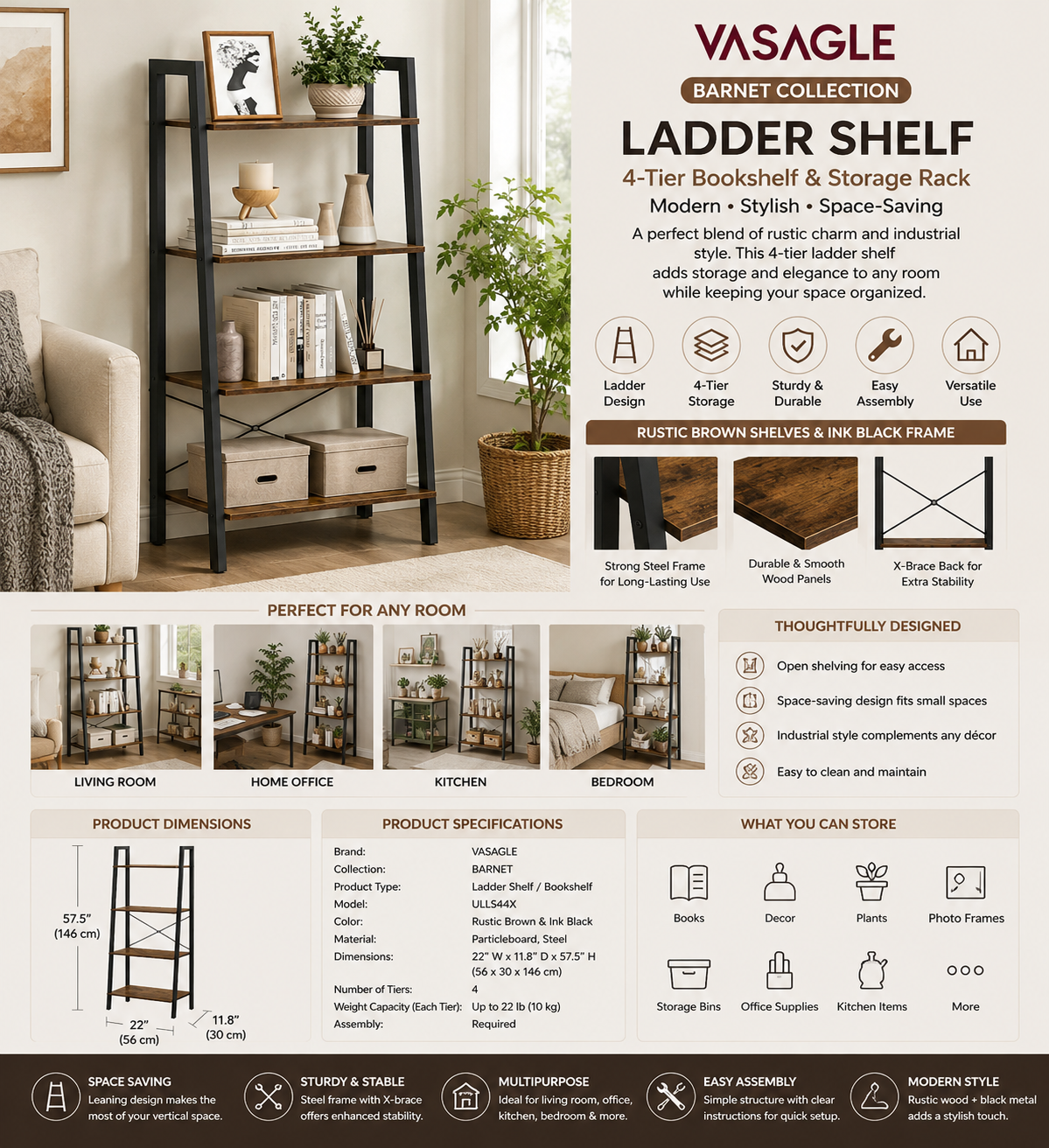 vasagle barnet collection ladder shelf, bookshelf, storage rack, modern bookcase for living room home office kitchen, steel frame, 4 tier, 22 inch wide, rustic brown and ink black ulls44x vasagle barnet collection ladder shelf, bookshelf, storage rack, modern bookcase for living room home office kitchen, steel frame, 4 tier, 22 inch wide, rustic brown and ink black ulls44x