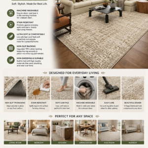 Machine washable 8x10 vintage area rug with stain-resistant surface, non-slip backing, and ultra-soft faux wool for living rooms and bedrooms.