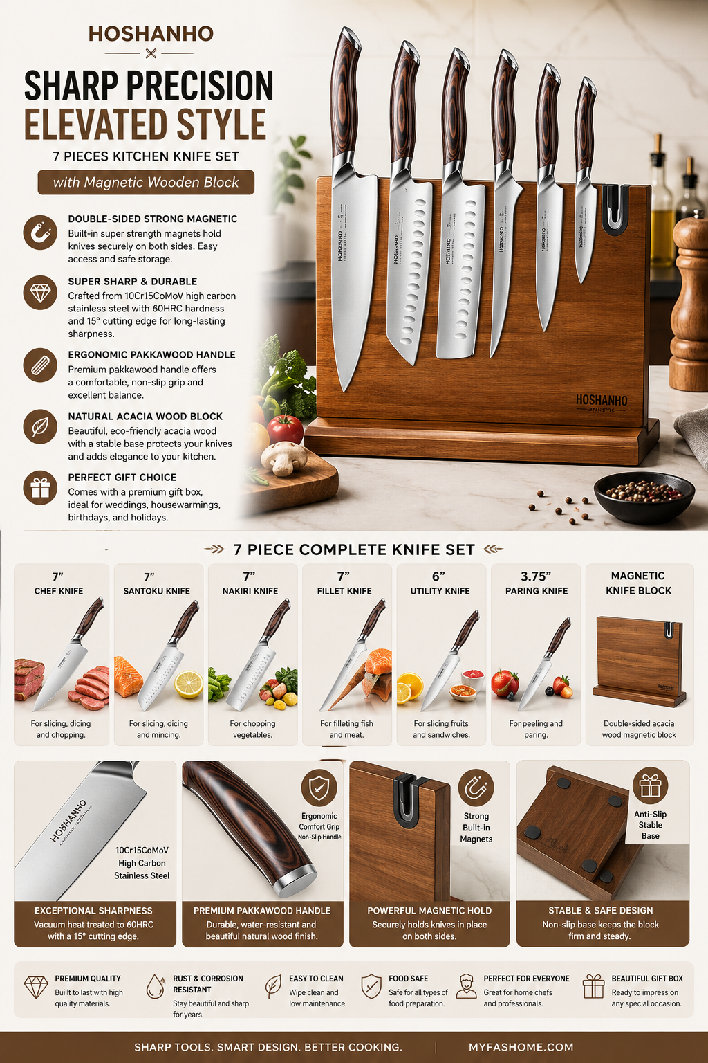 HOSHANHO 7 Piece Japanese Kitchen Knife Set HOSHANHO 7-piece Japanese kitchen knife set with ultra-sharp stainless steel chef knives and double-sided magnetic acacia wood knife block.