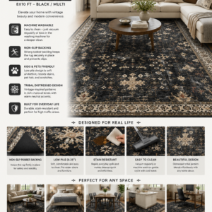 Black farmhouse washable 8x10 area rug with vintage distressed tribal pattern, non-slip backing, stain-resistant fabric, and soft low-pile design for living room decor.