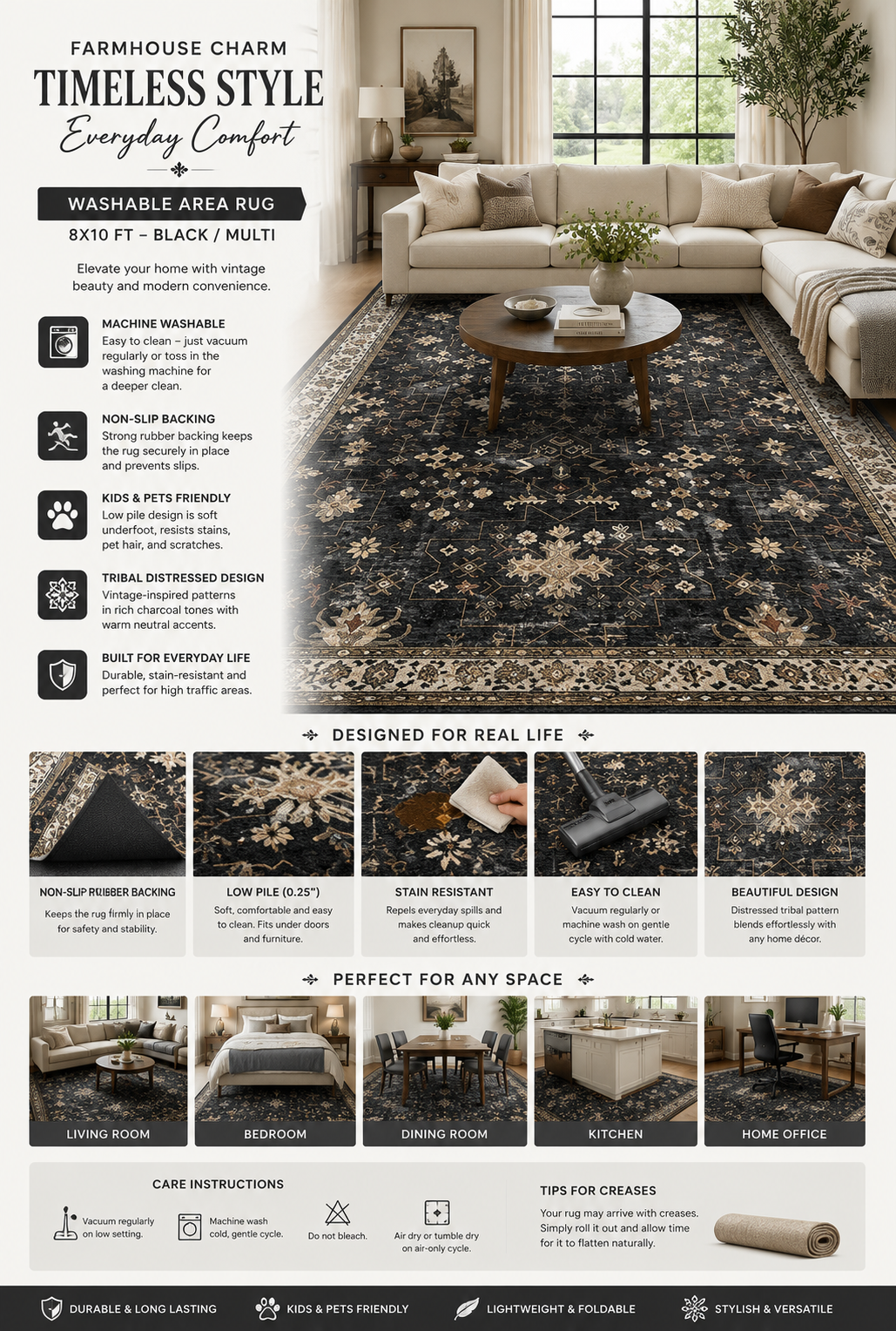 Black Farmhouse Washable 8x10 Area Rug Black farmhouse washable 8x10 area rug with vintage distressed tribal pattern, non-slip backing, stain-resistant fabric, and soft low-pile design for living room decor.