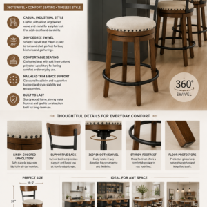 Signature Design by Ashley Valebeck swivel bar stool featuring rustic wood construction, linen upholstered seat, supportive backrest, black metal frame, and 360-degree swivel for kitchen island seating.