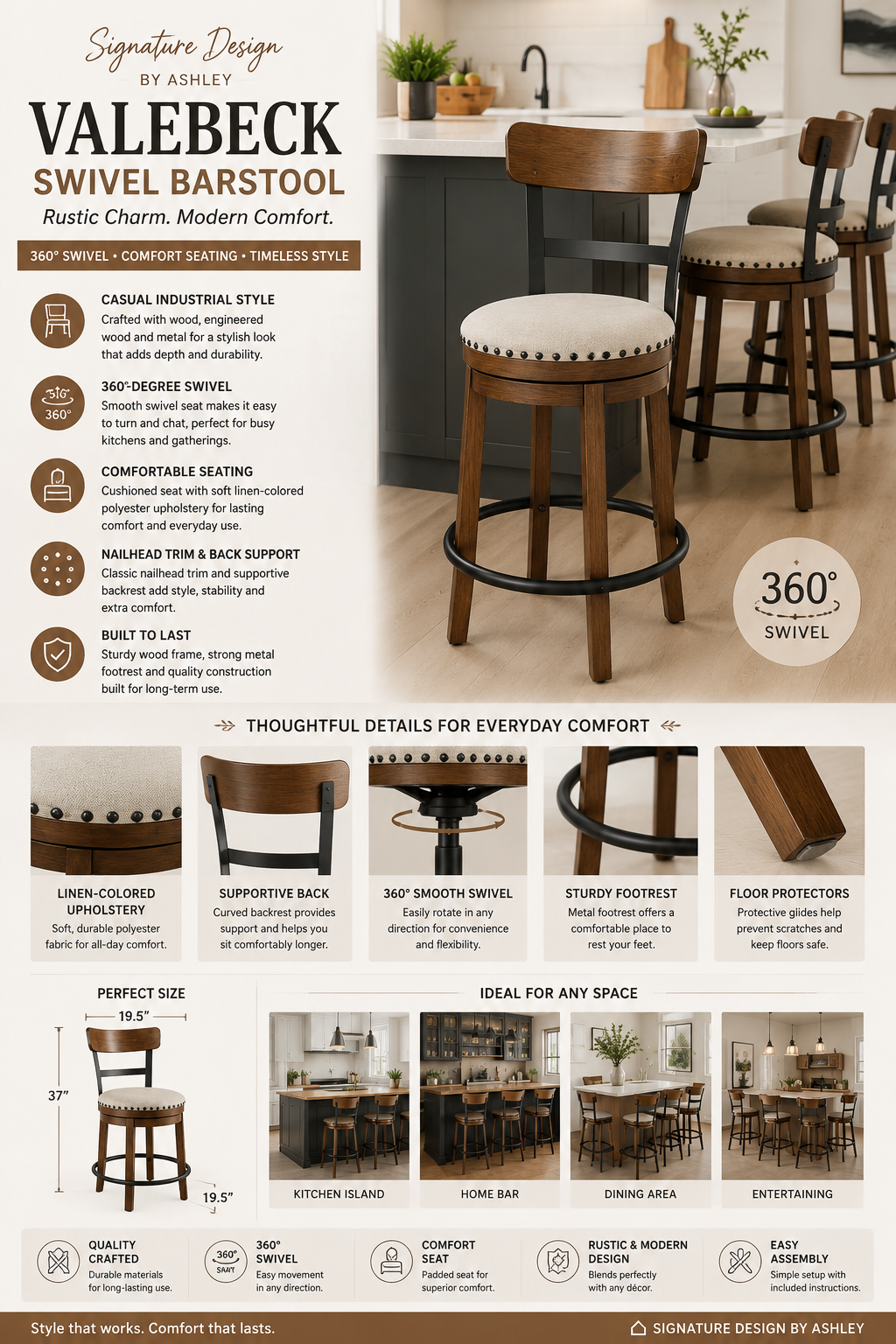 Ashley Valebeck Rustic Industrial Swivel Bar Stool Signature Design by Ashley Valebeck swivel bar stool featuring rustic wood construction, linen upholstered seat, supportive backrest, black metal frame, and 360-degree swivel for kitchen island seating.