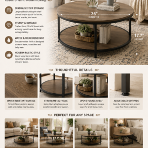 Modern 36-inch round coffee table with rustic light walnut wood finish, black metal frame, and spacious 2-tier storage shelf for living room organization.