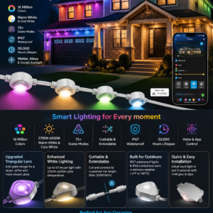 Govee Permanent Outdoor Lights Pro featuring 120 RGBIC waterproof LED lights with smart app control, Alexa compatibility, and colorful outdoor lighting for patios and homes.