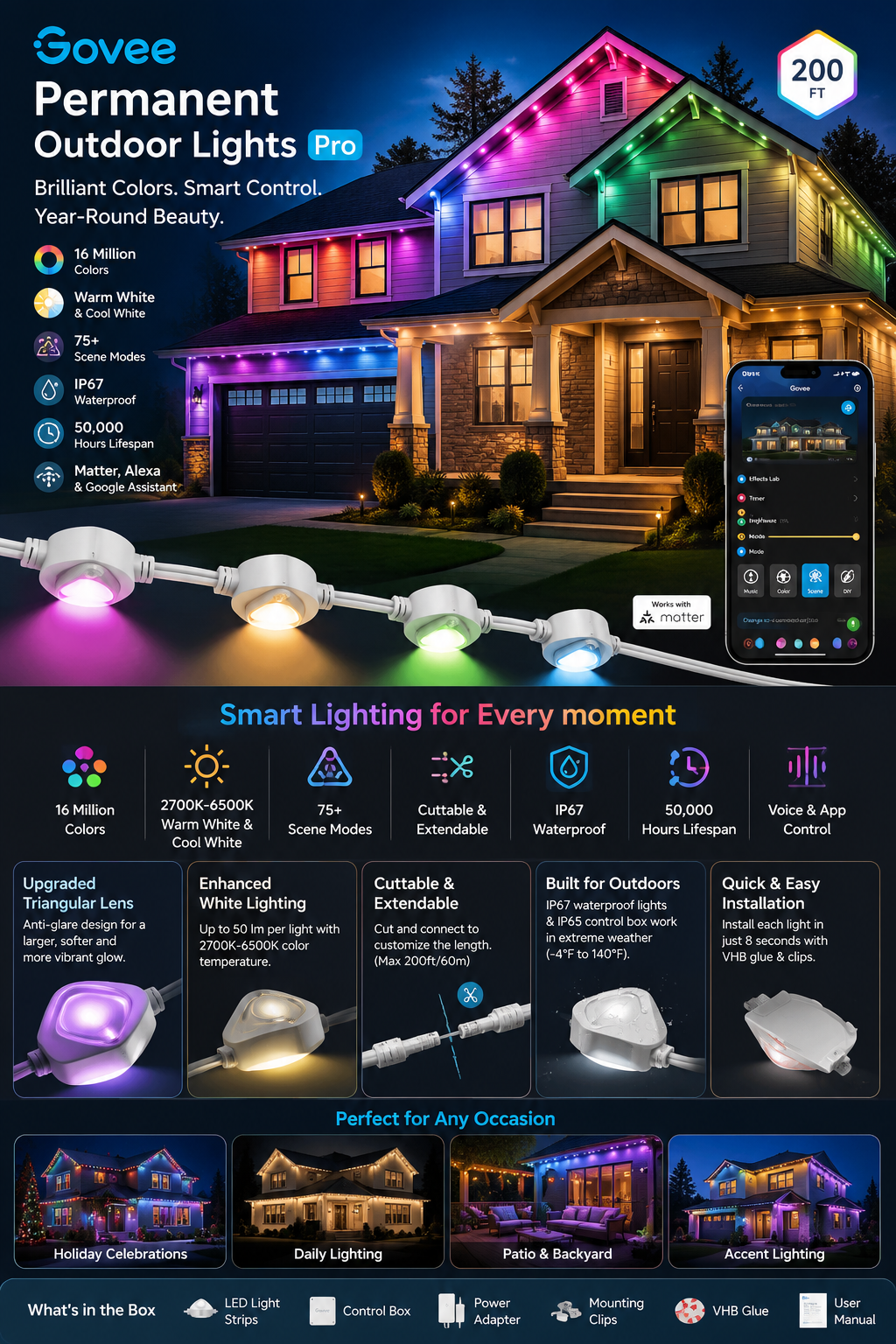 Govee Permanent Outdoor Lights Pro 200ft Smart RGBIC LED Lighting Govee Permanent Outdoor Lights Pro featuring 120 RGBIC waterproof LED lights with smart app control, Alexa compatibility, and colorful outdoor lighting for patios and homes.