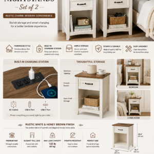 VASAGLE LIRY farmhouse nightstands set of 2 featuring charging station, drawer, open shelf, USB ports, and rustic white finish for bedroom furniture.