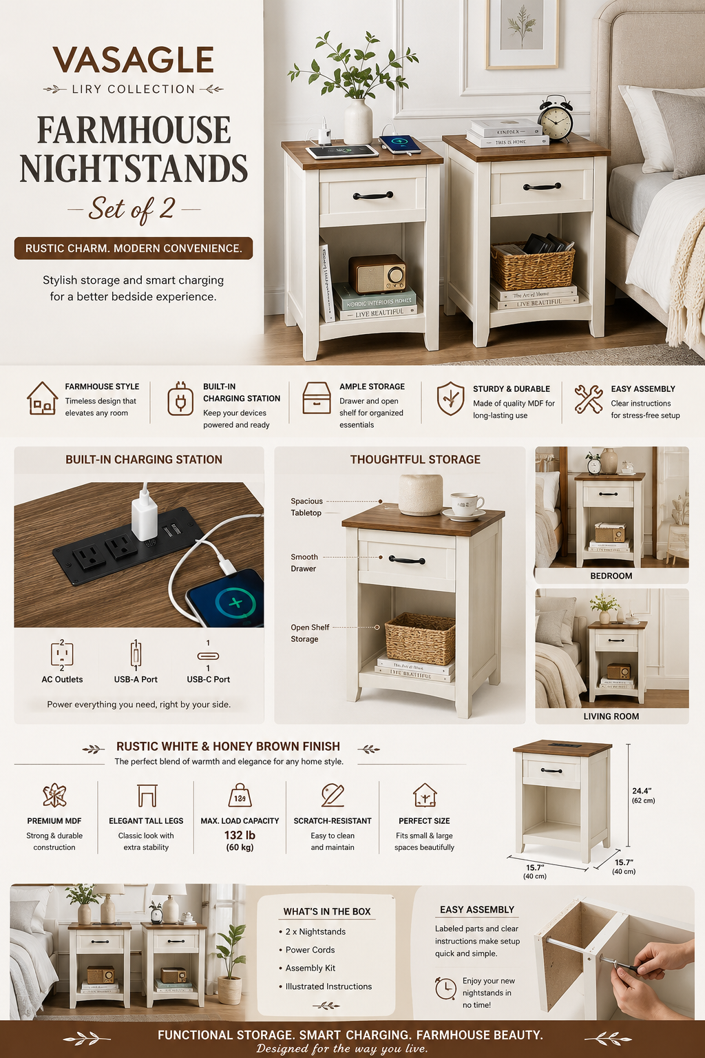 VASAGLE Farmhouse Nightstands Set of 2 with Charging Station VASAGLE LIRY farmhouse nightstands set of 2 featuring charging station, drawer, open shelf, USB ports, and rustic white finish for bedroom furniture.