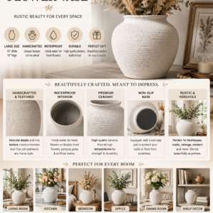 Large 10-inch rustic ceramic flower vase with handcrafted textured finish, waterproof interior, and neutral farmhouse styling for home decor.