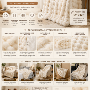 Cream white faux fur throw blanket featuring a soft 3D bubble texture, double-sided plush fabric, and luxurious cozy design for couches and beds.