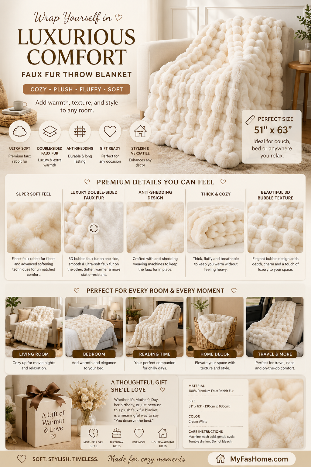 Luxury Faux Fur Throw Blanket Cream white faux fur throw blanket featuring a soft 3D bubble texture, double-sided plush fabric, and luxurious cozy design for couches and beds.