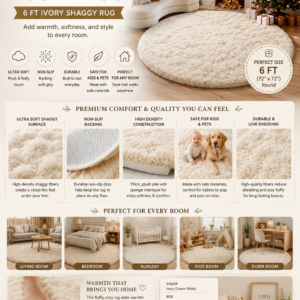 Ophanie 6FT ivory round shaggy area rug featuring ultra-soft plush fibers and non-slip backing for bedrooms, living rooms, nurseries, and modern home décor.