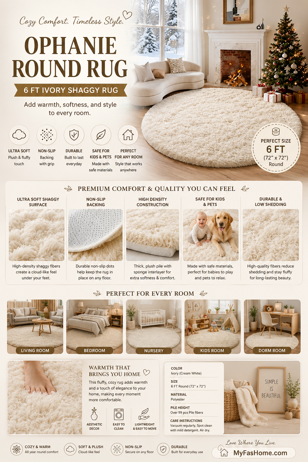 Ophanie 6FT Round Shaggy Area Rug Ophanie 6FT ivory round shaggy area rug featuring ultra-soft plush fibers and non-slip backing for bedrooms, living rooms, nurseries, and modern home décor.