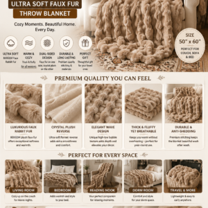 Luxury light brown faux fur throw blanket with premium bubble texture, ultra-soft dual-sided plush fabric, and elegant home décor styling.