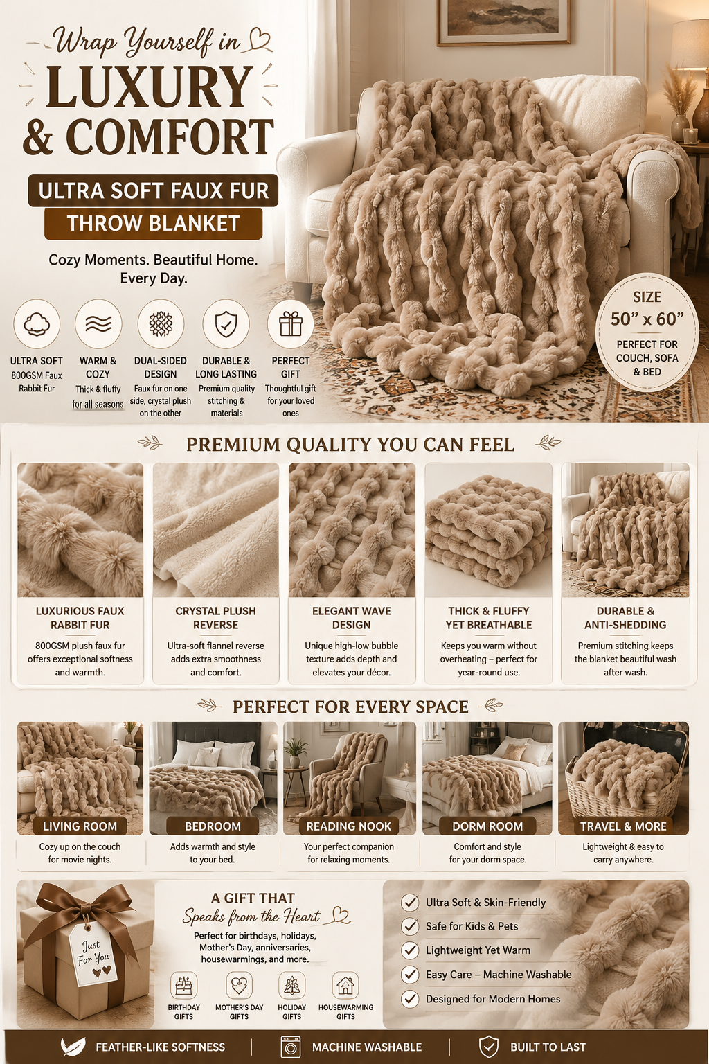 Luxury Faux Fur Throw Blanket Luxury light brown faux fur throw blanket with premium bubble texture, ultra-soft dual-sided plush fabric, and elegant home décor styling.