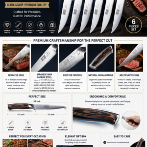 HOSHANHO steak knives set of 6 featuring Japanese high carbon stainless steel blades with ergonomic Pakkawood handles.