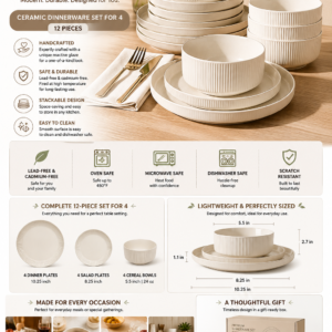 Elegant beige ceramic dinnerware set for four featuring handcrafted porcelain plates and bowls with a modern ribbed design.