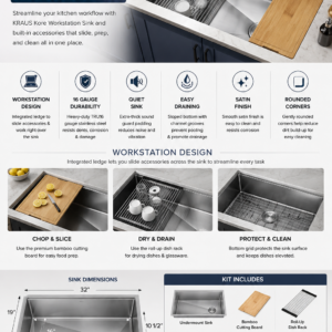 KRAUS Kore 32-inch undermount workstation kitchen sink with 16-gauge stainless steel construction, bamboo cutting board, roll-up dish rack, bottom grid, and drain accessories.