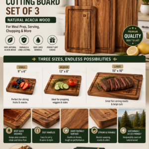 ROYAL CRAFT WOOD premium acacia cutting board set featuring three wooden chopping boards with deep juice grooves and built-in side handles.