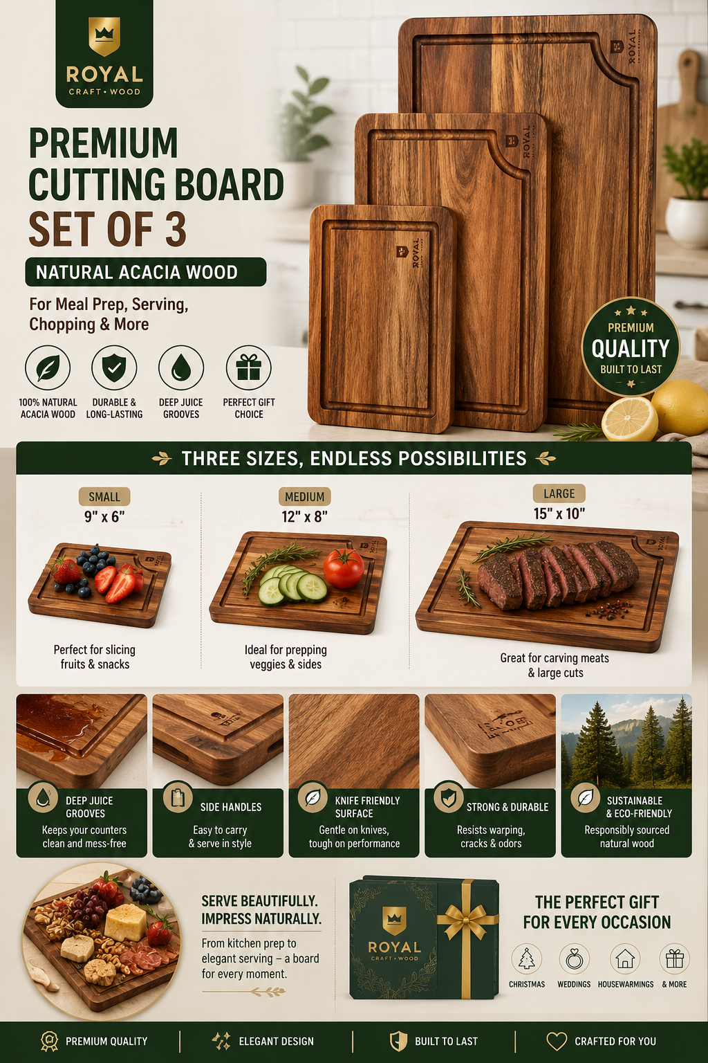 ROYAL CRAFT WOOD Acacia Cutting Board Set ROYAL CRAFT WOOD premium acacia cutting board set featuring three wooden chopping boards with deep juice grooves and built-in side handles.