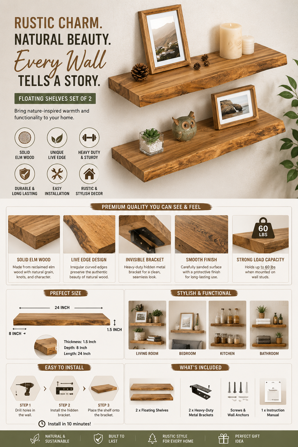 Rustic Solid Elm Wood Floating Shelves Rustic solid elm wood floating shelves with live edge design and invisible brackets mounted on a modern wall with decorative accessories.