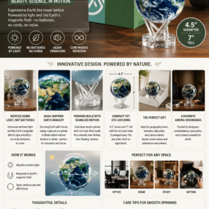 MOVA self rotating globe powered by ambient light featuring realistic NASA-inspired Earth imagery on a clear acrylic stand.