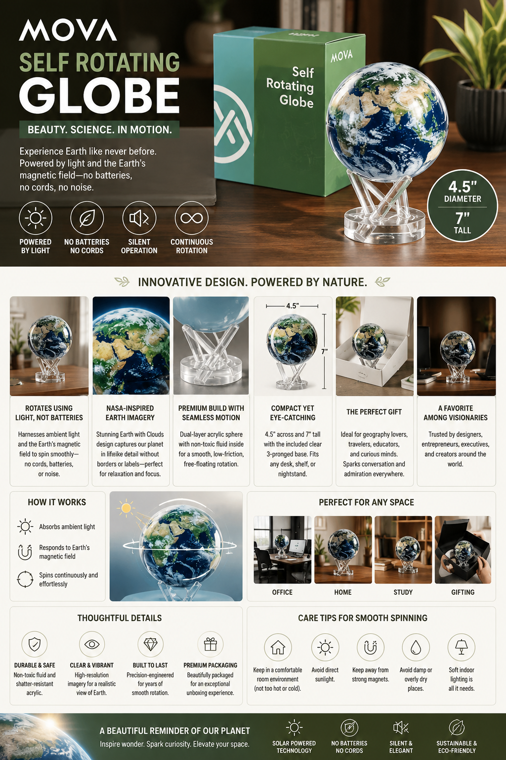 MOVA Self Rotating Globe MOVA self rotating globe powered by ambient light featuring realistic NASA-inspired Earth imagery on a clear acrylic stand.
