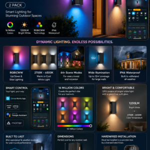 Govee Outdoor UpDown RGBICWW smart wall light with colorful up and down lighting effects installed on a modern home exterior.