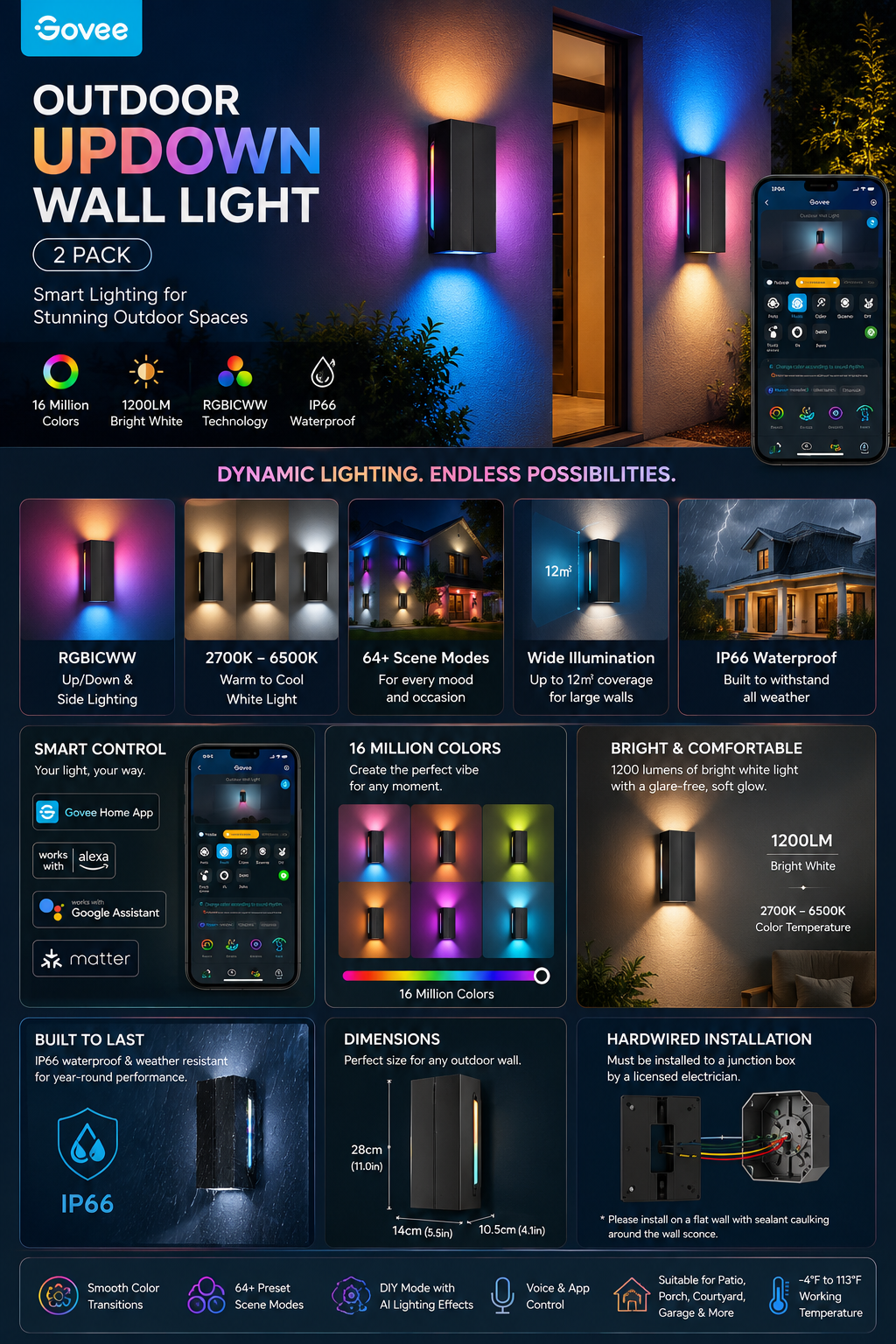 Govee Outdoor UpDown Wall Light Govee Outdoor UpDown RGBICWW smart wall light with colorful up and down lighting effects installed on a modern home exterior.