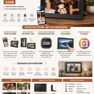 FRAMEO 10.1-inch smart WiFi digital photo frame with HD IPS touchscreen displaying family photos and wireless sharing support.