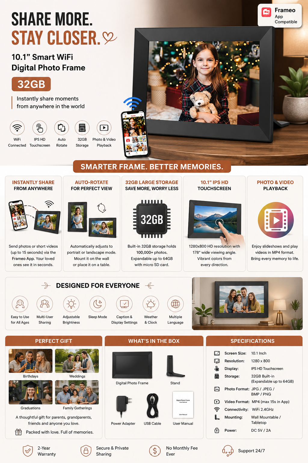 FRAMEO Smart WiFi Digital Photo Frame FRAMEO 10.1-inch smart WiFi digital photo frame with HD IPS touchscreen displaying family photos and wireless sharing support.