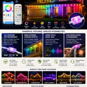 POOFZY 200FT permanent RGBIC outdoor lights installed along a home's roofline with colorful smart lighting effects controlled by app and remote.