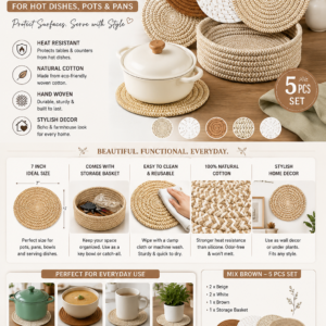 Natural woven cotton trivets set with heat-resistant hot pads and matching storage basket in beige and brown farmhouse style.