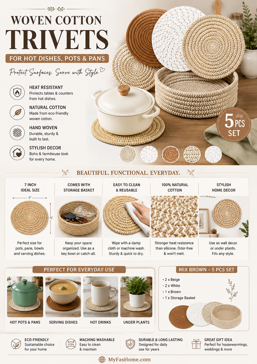 Woven Cotton Trivets Set Natural woven cotton trivets set with heat-resistant hot pads and matching storage basket in beige and brown farmhouse style.
