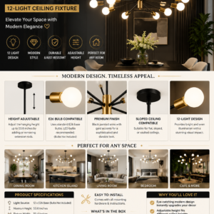 Modern black and gold 12-light Sputnik chandelier with adjustable hanging rods installed above a contemporary dining table.