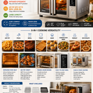 Midea Flexify Slim 8-in-1 French Door air fryer toaster oven with stainless steel finish, 25QT capacity, and infrared cooking technology.