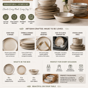 AmorArc handmade ceramic dinnerware set featuring reactive glaze stoneware plates and bowls for six people.